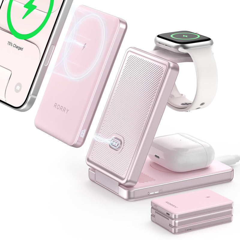 RORRY Auradock iPhone Charging Station 3 in 1 for Apple,10000mAh Power Bank | 30W Wireless Magnetic Fast Charging Station for iPhone/Apple Watch/AirPods with Detachable Magnetic Portable Magsafe Charger pink 10000 mAh