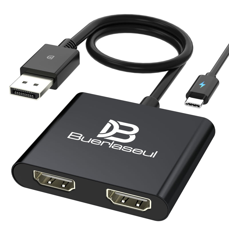 DisplayPort to Dual HDMI Splitter 4K@60Hz, USB-C Powered, DisplayPort 1.4 MST Hub DP to HDMI 1 in 2 Out Splitter for Dual Monitors Extended/Clone Mode for Desktop PC Graphics Card Home Office Gaming Black