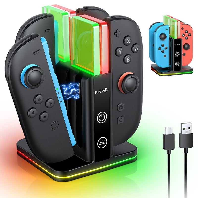 FASTSNAIL Switch Controller Charger for Nintendo Switch 2/1/OLED for Joycon | 8 in 1 Fast Controller Charging Dock, Dual-Direction Magnetic Charger Station Stand, 9 RGB Light for Joycon 2/1 Accessories Carbon Black 6.2/7.0/7.9 inch