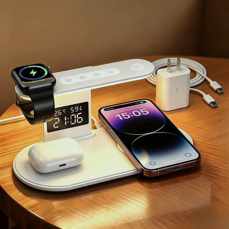 5 in 1 Wireless Charger for iPhone, iWatch, AirPods | 2026 Upgraded Charger Station with Fast Charging Adapter, Bedside Lamp for iPhone 17-12, iWatch 3-11, AirPods, White Silver