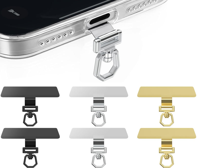 6 Pack 360°Rotating Phone Tether Tab - Stainless Steel Phone Lanyard Tab, Ultra-Thin Universal for iPhone & More, Fits Full Phone Cases (Gold+Silver+Black)