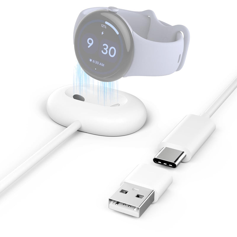 Magnetic Charger Cable for Google Pixel Watch 4 Charger (White) | Type-C to 2 Pin Charging Cable with USB Adapter, Replacement Charging Dock for Pixel Watch 4 (41mm/45mm) White