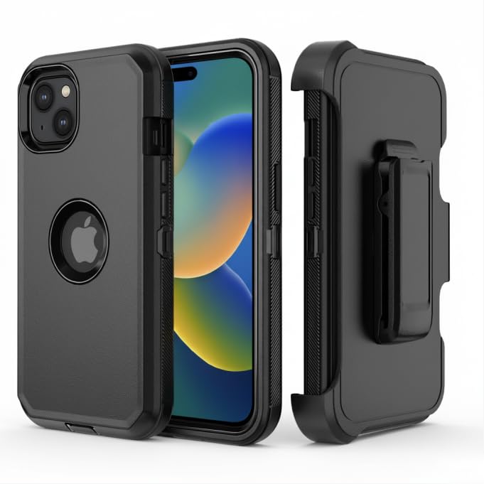 Phone Case for iPhone 15 Case,Heavy Duty Hard Shockproof Armor Protector Case Cover with Belt Clip Holster for Apple iPhone 15 6.1 5G 2023 Phone Case (Black) Black