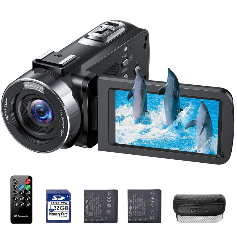 4K Video Camera Camcorder 42MP Vlogging Camera for YouTube with 3” 270° Rotation Screen, 18X Digital Zoom Cam Corder, 2 Rechargeable Batteries, 32GB SD Card & Remote Control Black