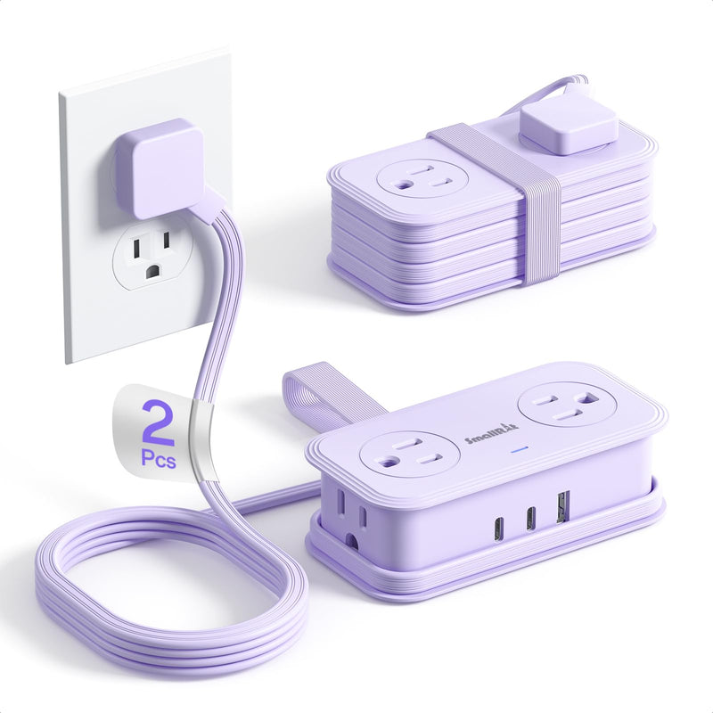 2 Pcs Travel Power Strip, SMALLRT Extension Cord with Multiple Outlets, 3.3FT Wrapped Extension Flat Plug Power Strip with 4 AC Outlets for Travel, Hotel, Cruise Approved, No Surge Protection, Purple 3.3FT-2Pcs