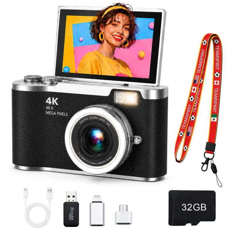 Digital Camera with Flip Screen, Camera for Photography with 32GB SD Card | 180°Rotating Selfie Camera with Neck Lanyard, Camping Point and Shoot Camera Fill Light for Teens Kids Travel（Black) Black Compact