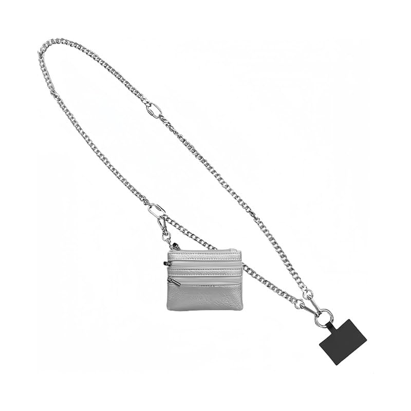 Phone Metal Chain with Pouch – Stylish Phone Lanyard Crossbody with Wallet for Women, Hands-Free Carrying and Adjustable Crossbody Chain Strap (Silver) Silver