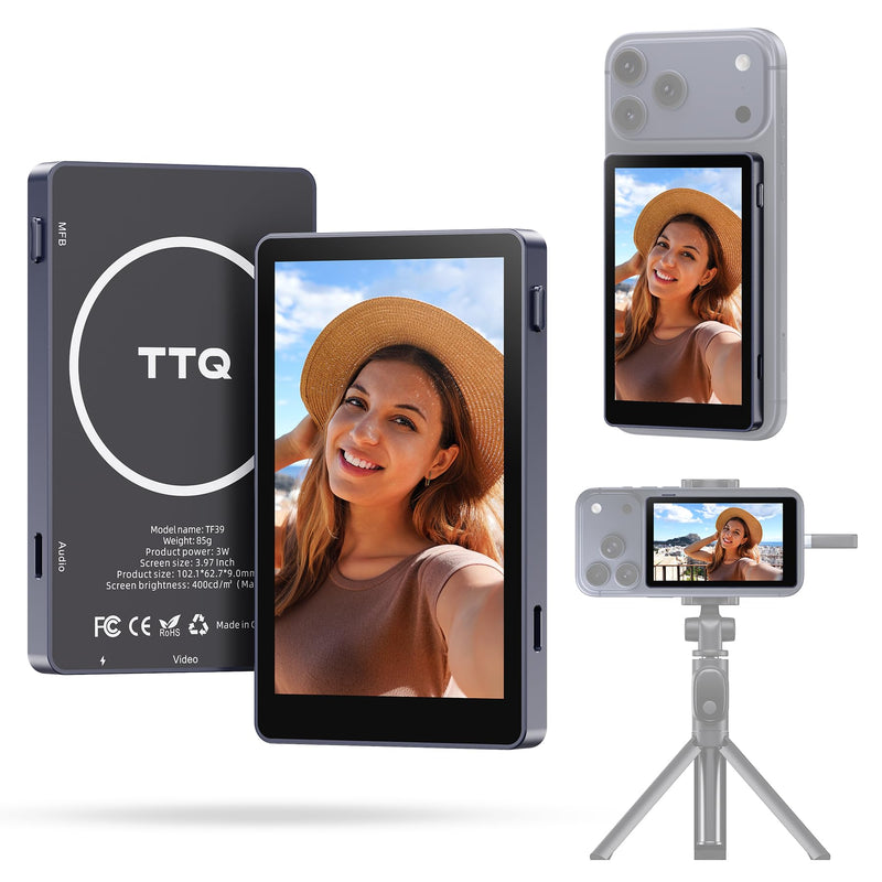 TTQ 4K 60fps Vlog Selfie Monitor Screen, Magnetic Phone Vlog Selfie Monitor | Back Camera Monitor Screen, Bluetooth Remote, for Vlogging, TikTok, Live Stream, Compatible with iPhone & Android, Dark Navy
