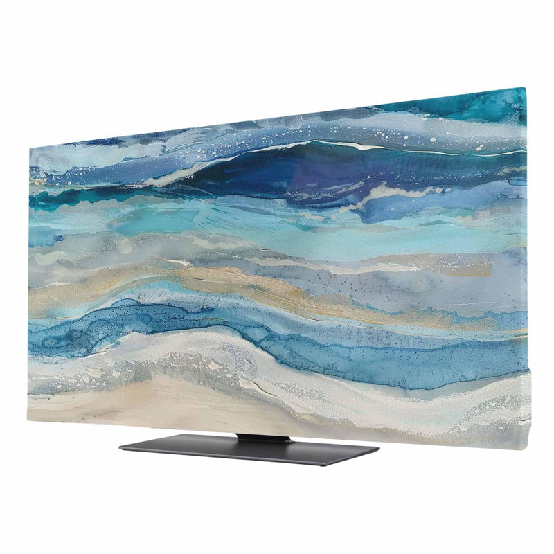 Blue Coastal TV Cover Indoor Elastic TVs Screen Protector, Summer Beach Nautical Monitor Covers Inside Dust Proof Slipcover, Modern Abstract Art 65 Inch TV Cover for Flat or Curved TVs 65"TV Blue Beige