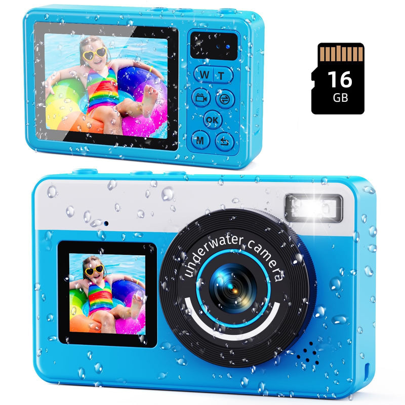 Maxmango D70 Underwater Camera, 10FT Waterproof Digital Camera for Pool & Beach, 4K 48MP Teens Underwater Cam with Dual Screens, Autofocus, 18X Zoom, Floating Camera for Boys Girls Blue(16GB)