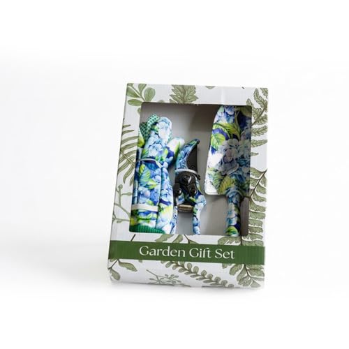 Elanze Designs Hydrangea Print Gardening Gift Set, 3 Piece Steel Garden Tool Set with Floral Gloves, Pruner and Trowel, Decorative Outdoor Gift for Gardeners