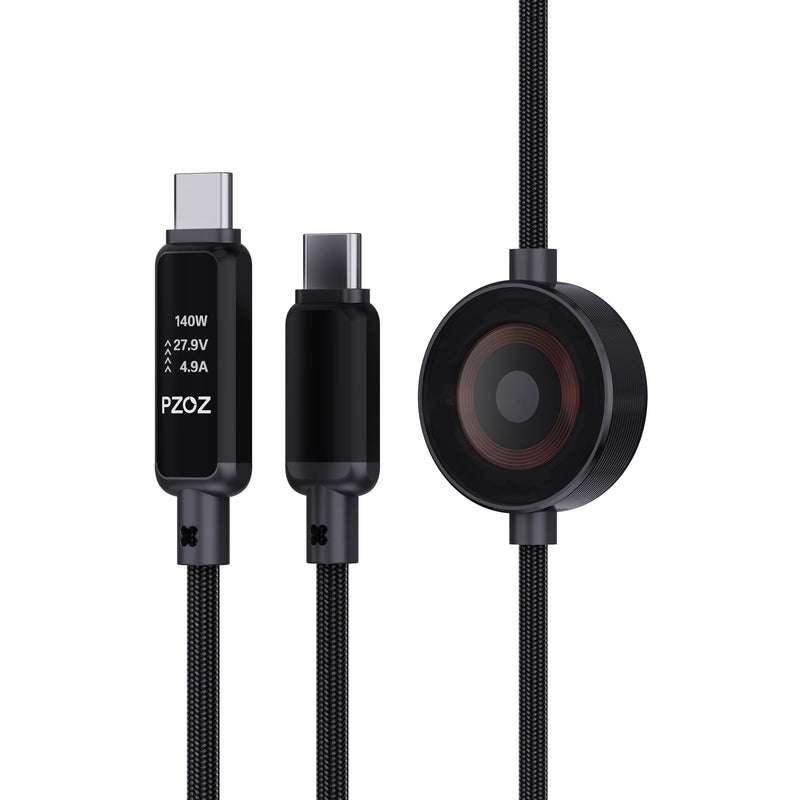 pzoz 2-in-1 USB C Apple Watch Charger Cable, 140W Fast Charging Cord | 140W USB-C fast charging cable with Apple Watch charging and LED display, combining two charging needs in one cable. 4 Feet