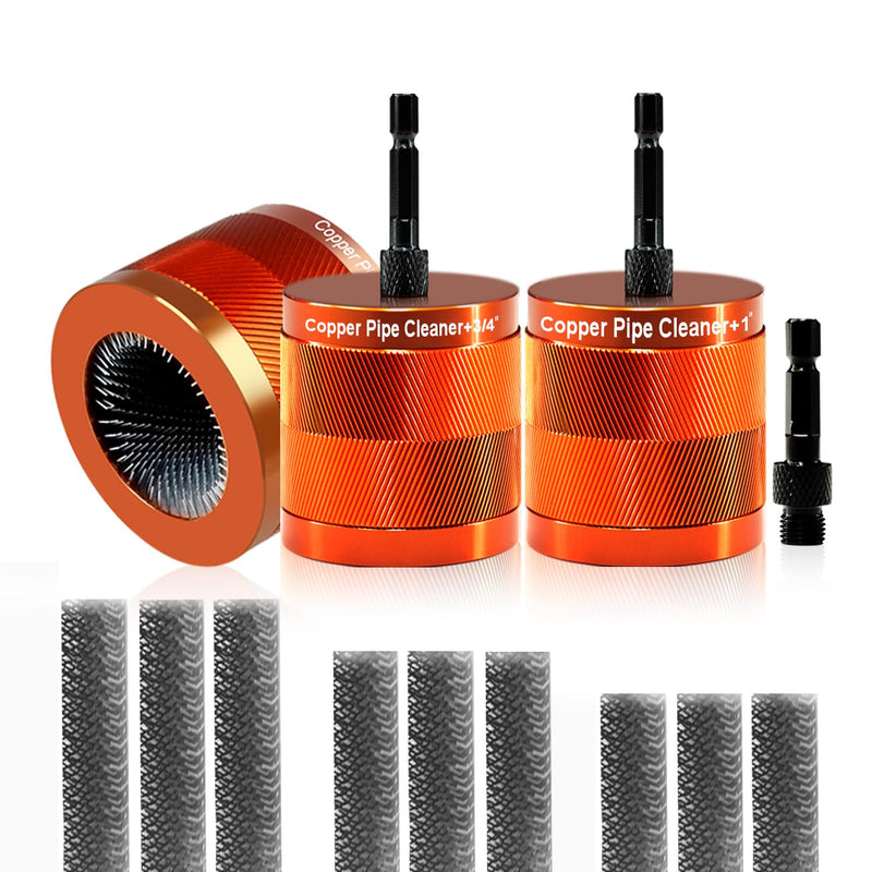 1"&1/2" & 3/4" Metal Copper Pipe Cleaner Set with 1/4 Hex Shank, Replaceable Brush, Each Set Additional 3Pcs Replaceable Blades for Cleaning Rust, Stains, Paint on Copper Pipes and Various Metal Pipes 1"&1/2" & 3/4"