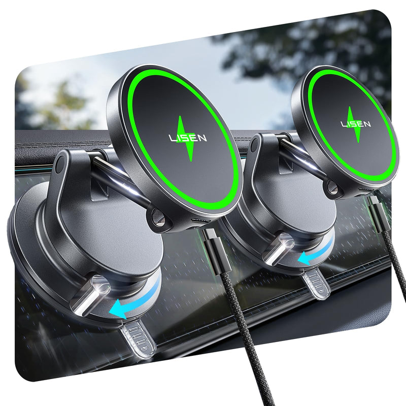 LISEN for 15W Magsafe Car Mount Charger 2 Pack, Magnetic Phone Holders for Your Car, Magnetic Wireless Car Charger, Suction Phone Mount for Car Accessories for iPhone 17 Pro Max 16 15 14 13 12 Matte Black