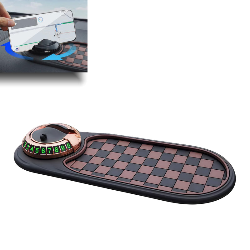 Multifunction Car Anti-Slip Mat, Upgrade Car Anti-Slip Mat Phone Holder with Temporary Parking Number, Rotatable Anti Skid Car Dashboard Pad for Phone Sunglasses Keys (Brown+Gold) Brown+Gold