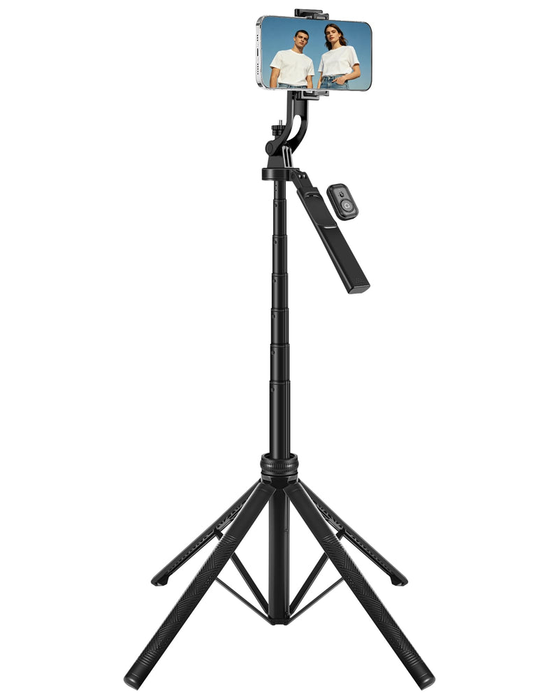 4-Leg Phone Tripod, 71-inch Selfie Stick for iPhone & Android | Anti-Slip Quadrapod Base, Snap-Release Phone Holder, Aluminum Alloy Pole for Durability, Secondary Handle Grip for Stability