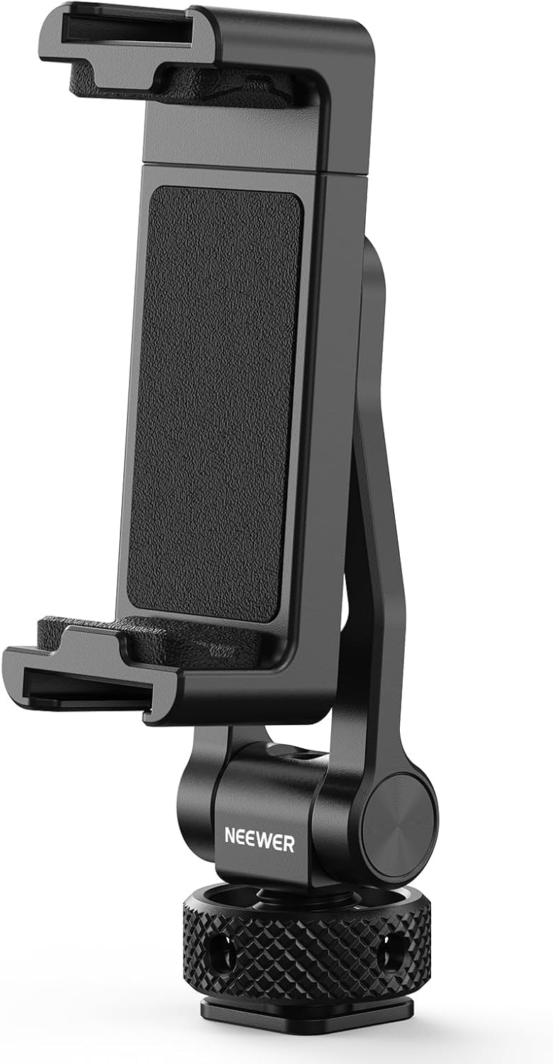 NEEWER GA010 Phone Tripod Mount, 65–90mm Adjustable Phone Clamp Holder with 1/4" Thread, 180° Tilt, 360° Swivel, Cold Shoe Accessories Compatible with iPhone 17 Pro Max Samsung S26 Ultra & More