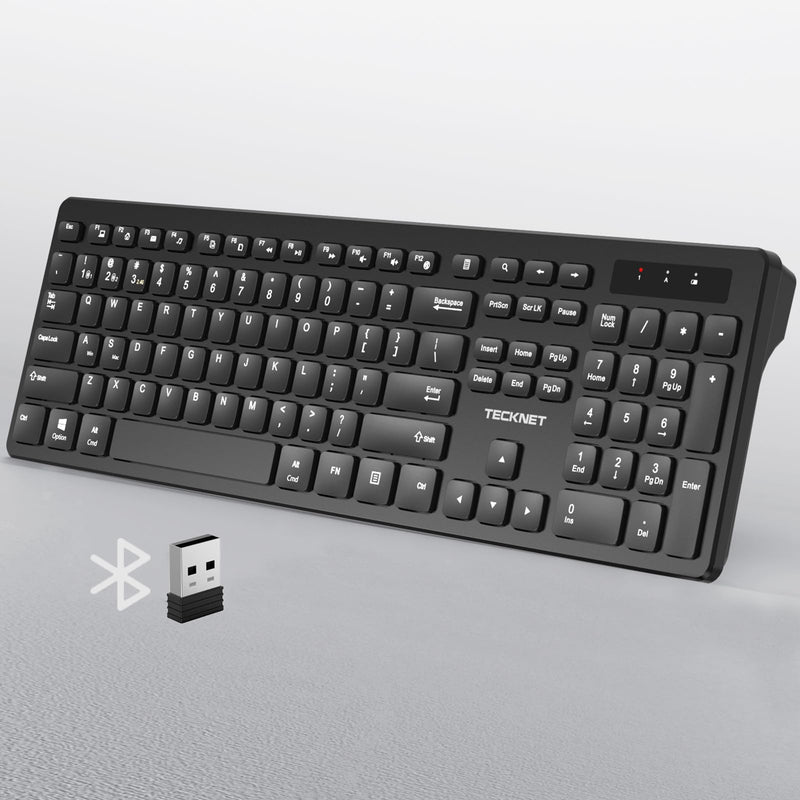 TECKNET Wireless Keyboards Full Size, Bluetooth+2.4G USB for Windows, Black | External Cordless Computer Keyboard with Number Pad, Multi Device for PC, Desktop, Laptop, Chromebook, AAA Battery Operated