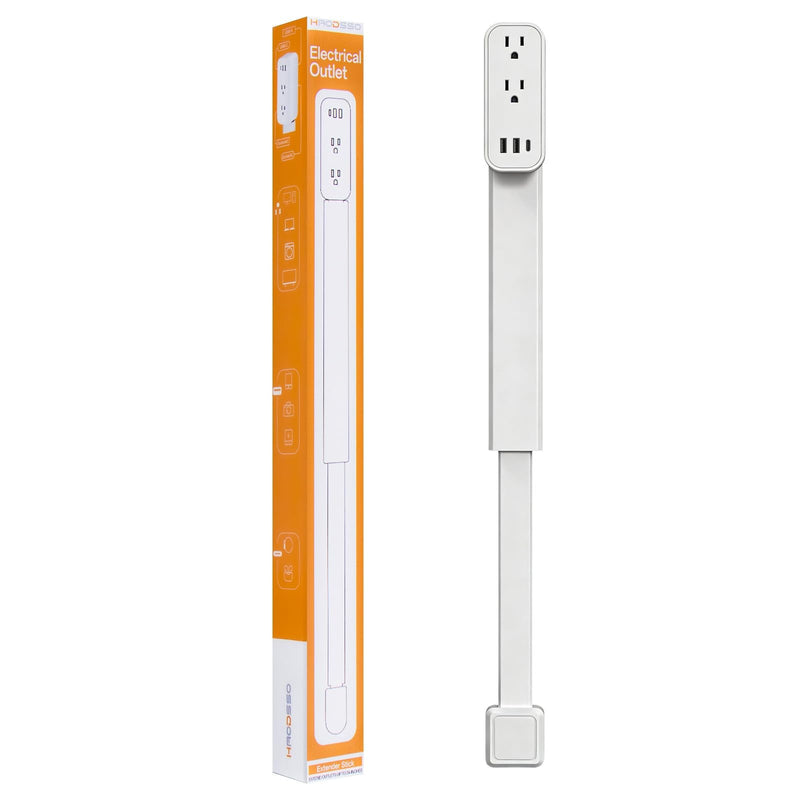 Outlet Extender Stick - Features USB-A, USB-C and 2 AC Outlets, Extends 17.5"-29.1", Rotates 360° Access Hard-to-Reach Outlets, Wall Plug Power Socket Expander Nightstands, Sofa, Desks and More Grey White