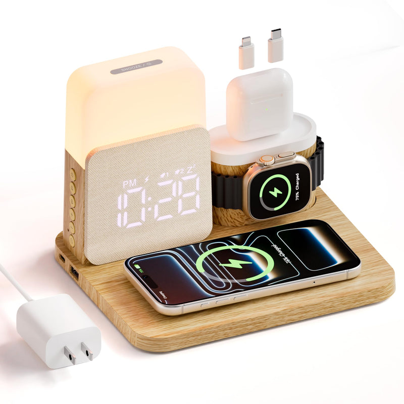 7 in 1 Wireless Charging Station, 25W Charger with Alarm Clock Night Light | 25W Bedside charging stand compatible with iPhone 17/16/15/14/13/12 Pro Max, Apple Watch, AirPods for bedroom daily use Wood