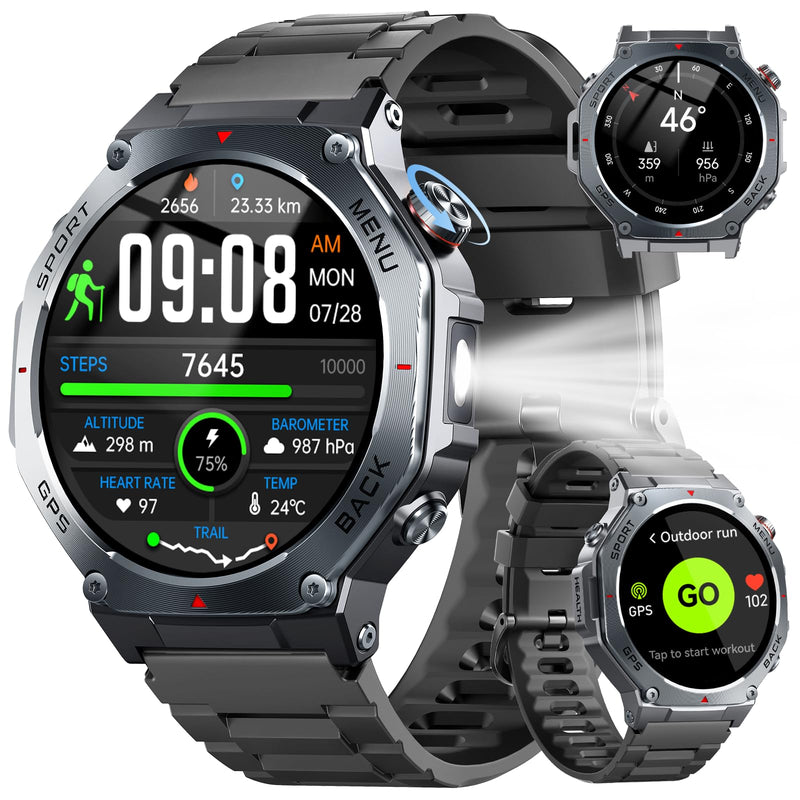 Jugeman Military Smart Watch for Men GPS with LED Flashlight-Dark Black | 1.43" AMOLED Display, 5ATM Waterproof, Compass, Fitness Tracker, Heart Rate/Sleep/Blood Oxygen, Watches for Android/iPhone