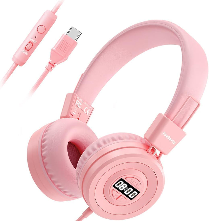 USB C Kids Headphones for School, Upgrade USB Type C Kid Headphone | 94 dB Volume Limiter Wired On-Ear Headset for Kids/Toddlers/Children/Teens/Boys/Girls-Pink