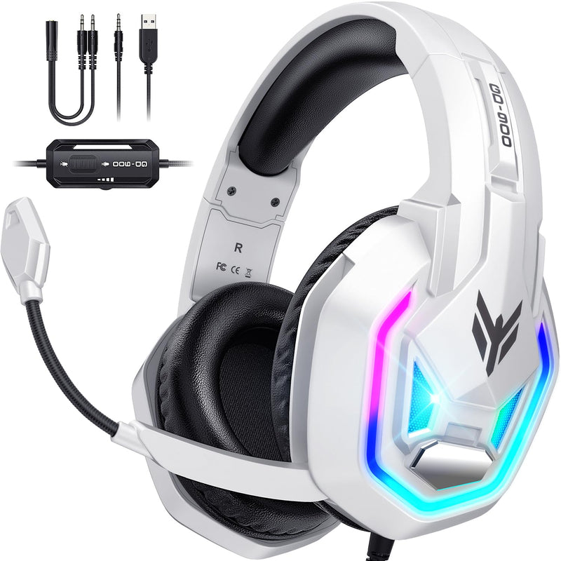 Gaming Headset for Xbox Series X|S Xbox One PS5 PS4 PC Switch Mac, Wired | 7.1 Surround Sound Over Ear Headphones, RGB Lighting, Flip Noise Canceling Mic, 50mm Drivers, Memory Foam Earcups White