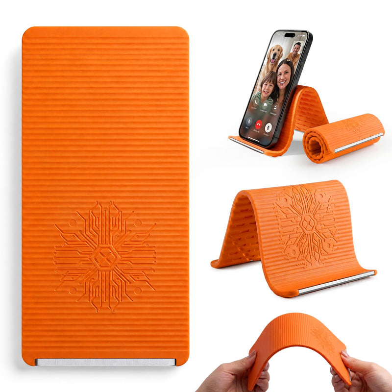 Foldable Airplane Phone Holder for Travel (1 Pack, Orange) | Flexible Silicone Aluminum Phone Stand for Tablet Laptop, Travel, Desk, Bed & Treadmill