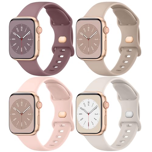 Vancle Band Compatible with Apple Watch Bands 40mm 38mm 41mm 44mm 45mm 42mm 49mm Women Men, Soft Waterproof Replacement Sport Silicone Strap for iWatch Bands Series 10 9 8 7 6 5 4 3 2 1 SE Ultra Pink + Starlight + Smoky Purple + Milk Tea