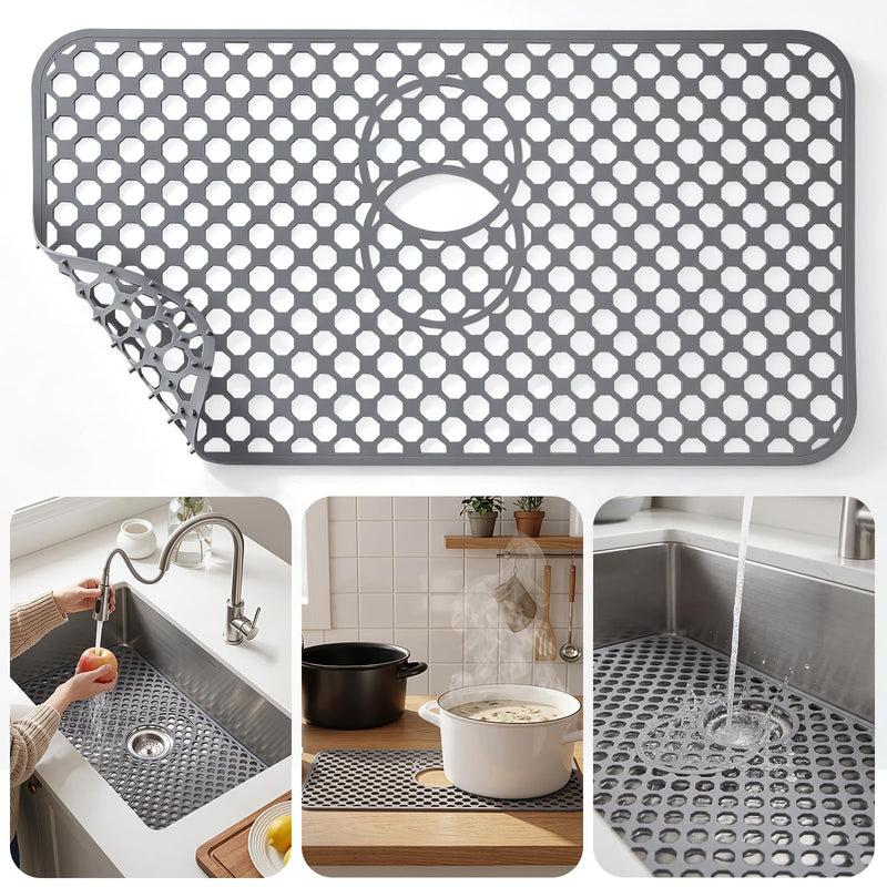 Silicone Sink Protectors for Kitchen Sink, 26 x 14 Inch Non-slip Heat Resistant Silicone Sink Mat Grid for Bottom of Farmhouse Stainless Steel Sink with 2 Reserved Holes, Kitchen Sink Accessories,Grey Grey-26x14in