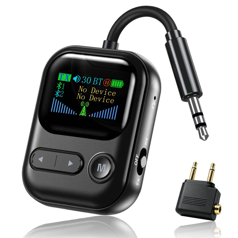 2-in-1 Bluetooth 6.0 Transmitter Receiver, Bluetooth Adapter for Airplane | Works with In-Flight Use,TV,Car/Home Stereos,Supports 2 Headphones,3.5mm AUX Wireless Audio Adapter with Mic & Color Display Black