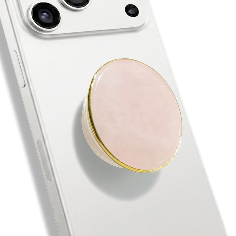 Natural Gemstone Phone Grip Collapsible Cell Phone Holder & Expanding Kickstand, Authentic Oval Crystal with Gold Edge (Rose Quartz, Adheisve Base) Rose quartz Adhesive