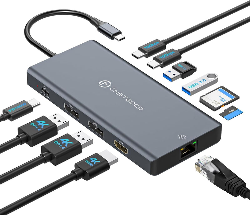 USB C Laptop Docking Station 3 Monitors with Dual DisplayPort 4K@120Hz and HDMI 4K@60Hz, 12 in 1 Thunderbolt Hub with USB A 3.0, USB C 3.2, Ethernet, SD, TF, PD 100W Medium grey