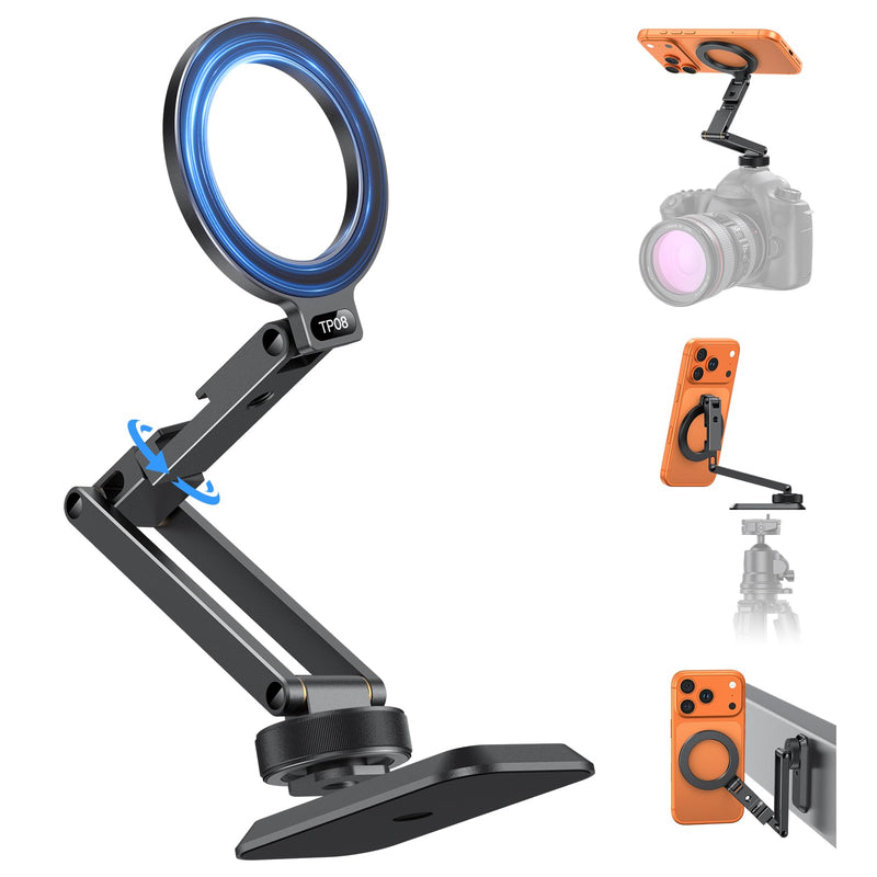 OMOTON Magnetic Phone Mount for Tripod Camera with Arca Base Cold Shoe 1/4" | Aluminum 360° Adjustable, Detachable Base with Magnet for Steel Surface for Gym Golf Cart Video Recording, for iPhone Android