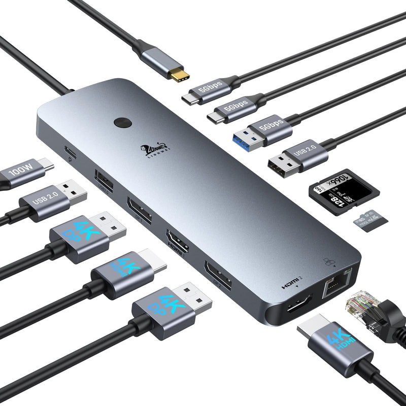 USB C Docking Station for Laptop, Triple Monitor Dock with 2 HDMI | 14-in-1 USB-C Hub with 2 HDMI 2DP, 100W PD, 1Gbps Ethernet, 5 USB C/A, SD/microSD for Dell/HP/Lenovo 14 in 1 HDMI