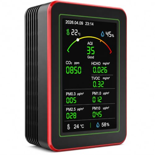 Professional 15-in-1 Air Quality Monitor with Smartphone APP - Dual Chip - Monitors CO₂ and Indoor Air Quality (CO₂), HCHO,TVOC,PM0.3,PM1.0,PM2.5,PM10,AQI,Temp and Humidity for Home,Office and Car Use Red