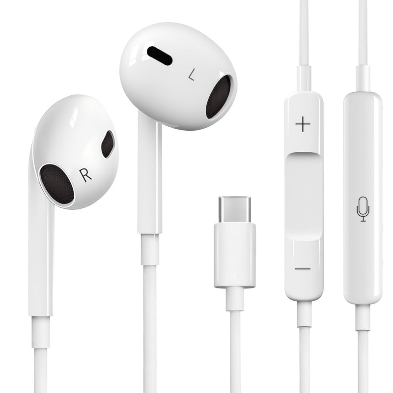 USB C Headphones Wired for iPhone 17 16 15 Pixel Galaxy | Wired USB C earphones, Plug and play, Microphone and Volume Control, Music/Call/Meeting/Jogging/Leisure/Commute WHITE