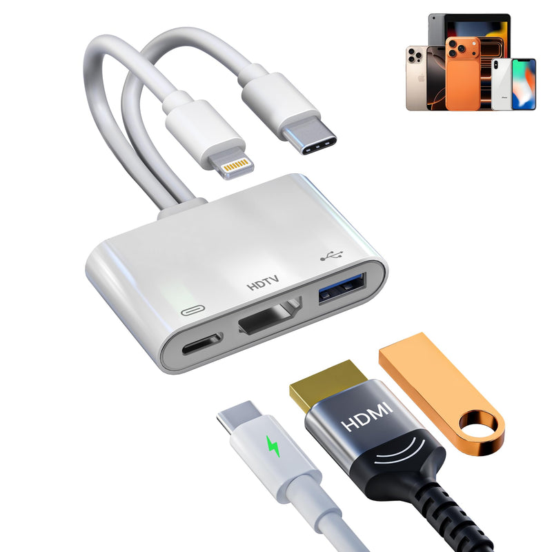 3in1 USB-C and Lightning to HDMI Adapter & OTG Adapter for iPhone iPad - 1080P MFi Apple Lightning Digital AV Adaptor with Charging & USB Flash Drive Ports for iPhone 17-6/iPad to Projector/Monitor/TV