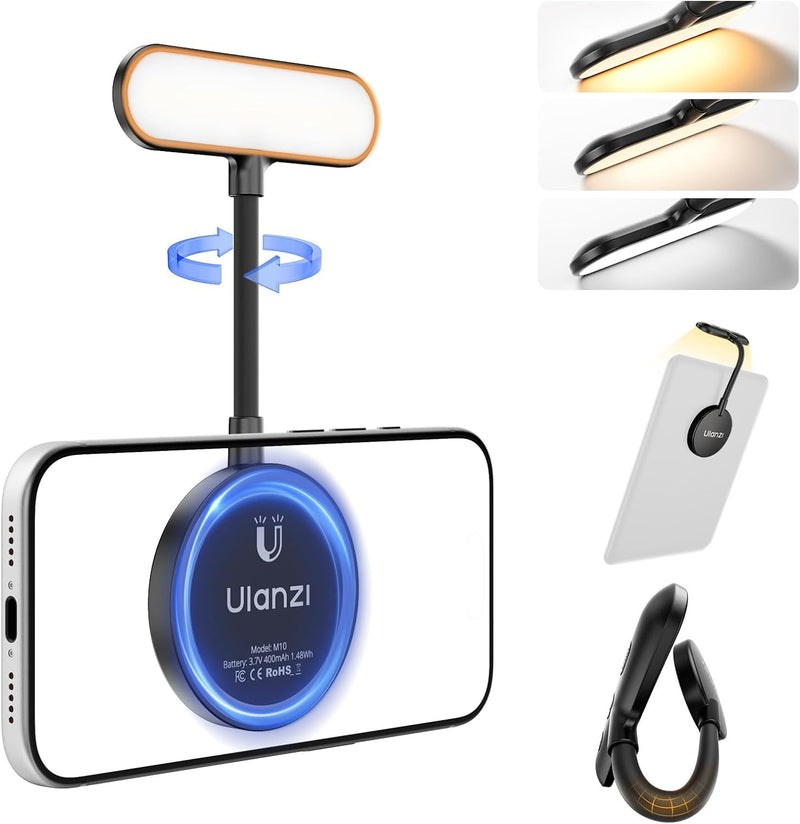ULANZI M10 Magnetic Selfie Light, Gooseneck LED Phone Reading Light | with MagSafe, 5 Color Temps & Brightness Levels Flexible Fill Light for iPhone iPad Kindle E-Reader, Laptop, Video Conference