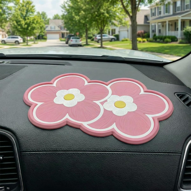 Flower-Shaped Car Dashboard Non-Slip Mat, 10.23''×5.9'' PVC Reusable Dash Gripping Pad, Multifunctional Auto Interior Sticky Organization Accessories for Cell Phone, Key, Coin (PinkWhite) PinkWhite