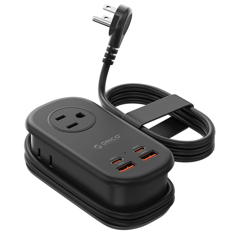 ORICO 65W GaN Travel Power Strip with 3 Outlets & 4 USB Ports (2 USB C) | 4FT Flat Plug Extension Cord with Cord Wrap Design, Compact USB C Charger for Cruise Home Office Dorm Laptop Black