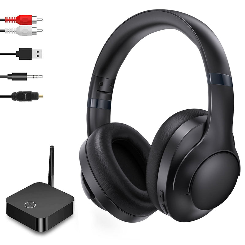 Wireless TV Headphones with Transmitterfor Seniors,Optical,RCA,AUX,USB,BK | 2.4GHz wireless TV headphones with 22ms low delay,dual-link phone sync,individual volume control,and universal compatibility.