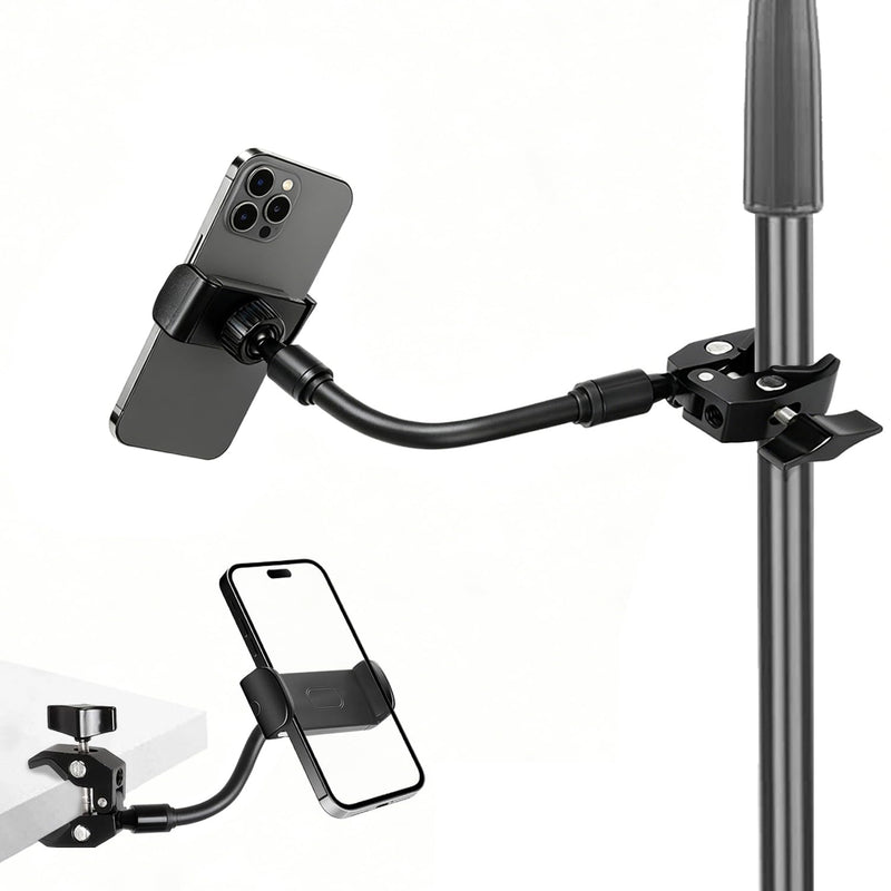 Mic Stand Phone Holder, Aluminum Alloy Clamp Flexible Gooseneck Arm Phone Holder for Microphone Stand Ring Light Tripod Pole Tube Rod Desk Table, for iPhone, Samsung Galaxy, and Any Smartphones