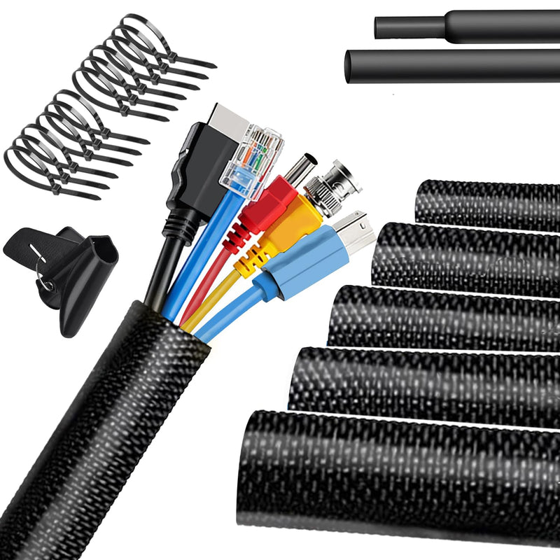 Automotive Wire Loom Temperature Braided Cable Sleeve, Split Sleeve Self-Wrapping Wire Harness Protector Car Cable Management Lot, 300°F Heat Resistant & Flame Retardant Black 1/4"-20Feet