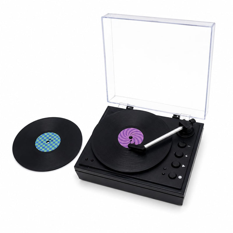 Mini Record Player with Voice Recording, 4 Discs, Auto-Spinning Desk Decor | Includes 3 music discs and 1 blank disc. All 4 discs record. Recording over music erases it permanently. Black
