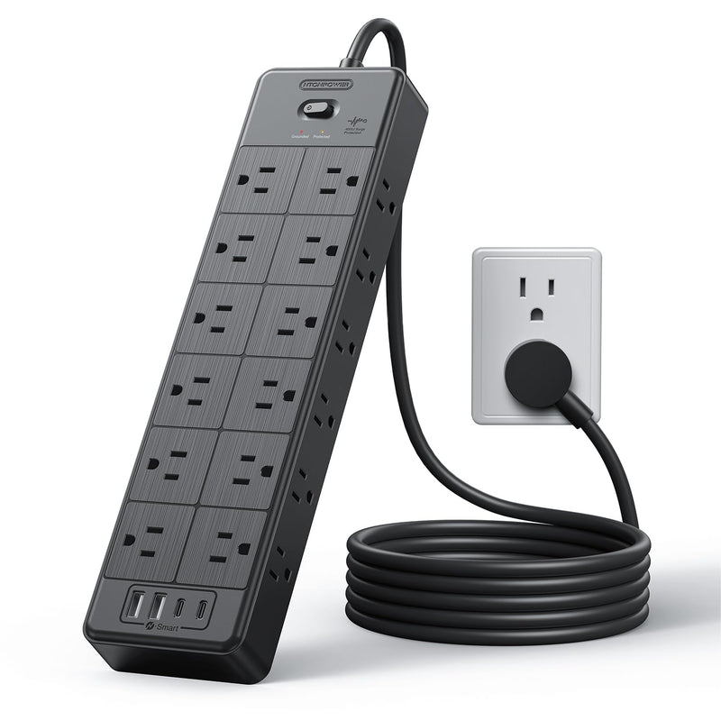 Large Power Strip Surge Protector, NTONPOWER 5FT Extension Cord with 24 AC Outlets, 1875W/15A, 4000 Joules Flat Plug Power Extender for Home, Office, Dorm, Gaming Room, Black