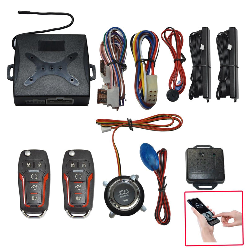 App Control Car Alarm System with Remote Start and Push Start Ignition Kit | Passive keyless Entry, Shock Sensor Alarm, Remote Engine Start Stop, Push Button Start Ignition Kit, APP Control