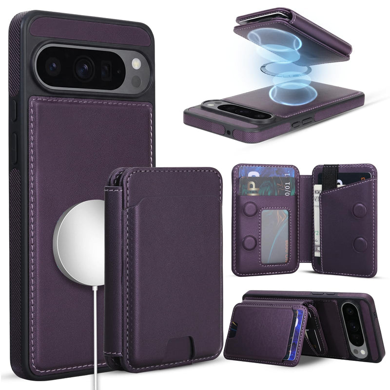 Magnetic Detachable Wallet Case for Google Pixel 10/10Pro with Kickstand,2-in-1 MagSafe Compatible RFID Blocking Card Holder,Slim PU Leather Cover Purple For Pixel 10/10Pro