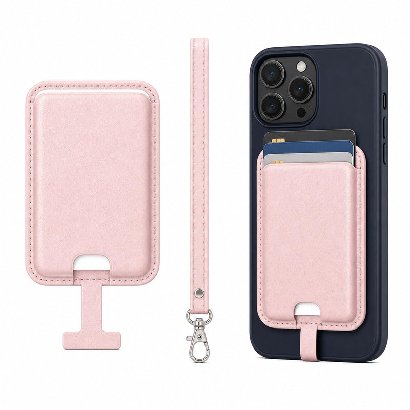 MagSafe Wallet with Wrist Strap, 3 Card Holder with RFID Blocking, MagSafe Sticker Included, Slim Magnetic Phone Wallet for iPhone 17e/17/16/15/14/13/12 Series and Selected Samsung Devices Pink