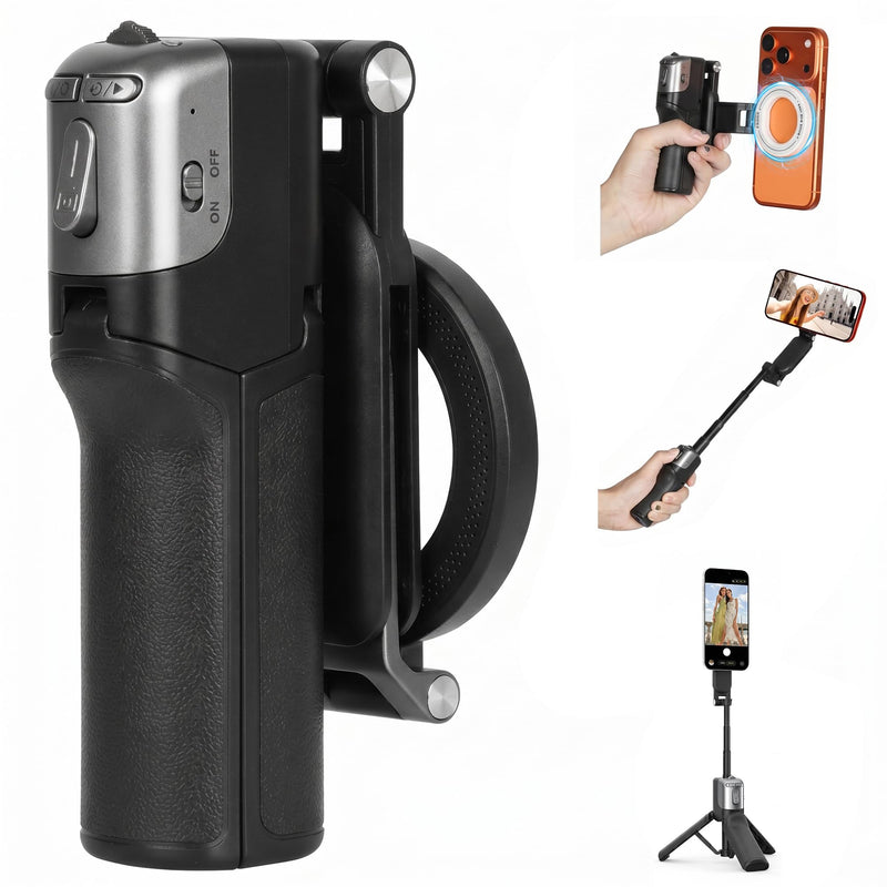 Magnetic Mini Selfie Stick Tripod for iPhone & Android, [MAX 19"] [Pocket 4.5"] 4-in-1 Phone Camera Grip with Rechargeable Shutter Remote for Creator Travel TikTok Vlogging (Up-Black) New Black